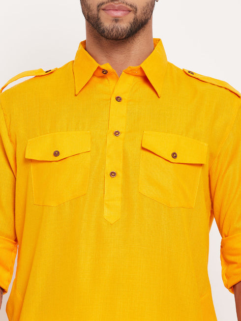 Vastramay Men's Mustard Pathani Suit With White Pant Set