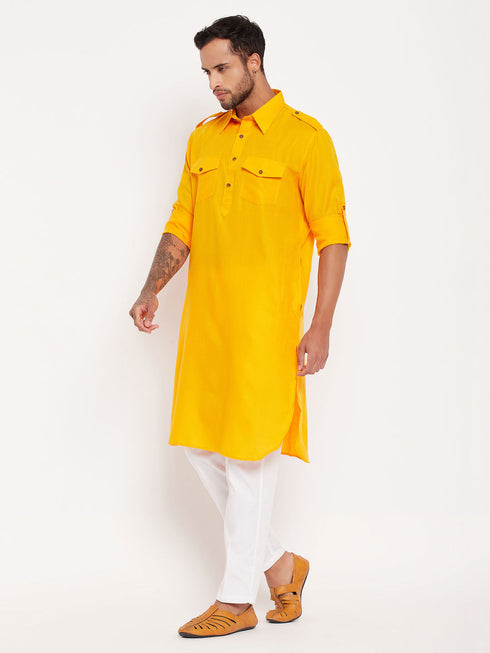 Vastramay Men's Mustard Pathani Suit With White Pant Set