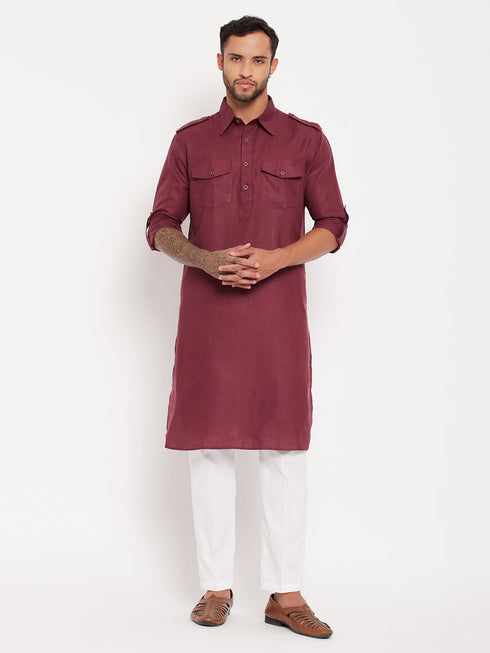 Vastramay Men's Purple Pathani Suit With White Pant Set
