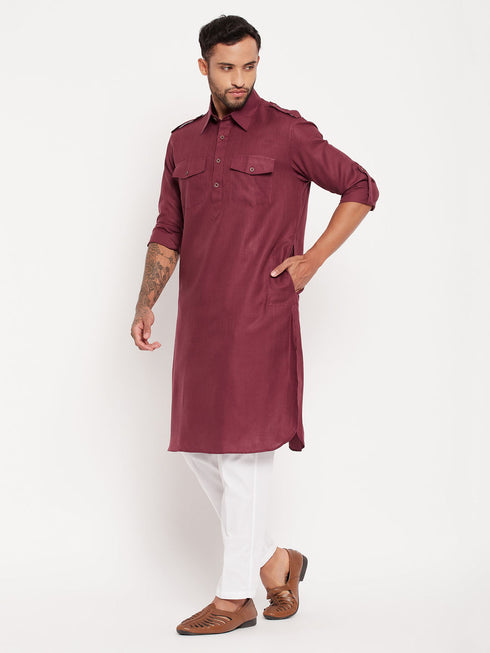Vastramay Men's Purple Pathani Suit With White Pant Set