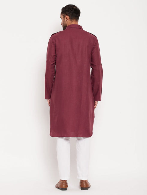 Vastramay Men's Purple Pathani Suit With White Pant Set