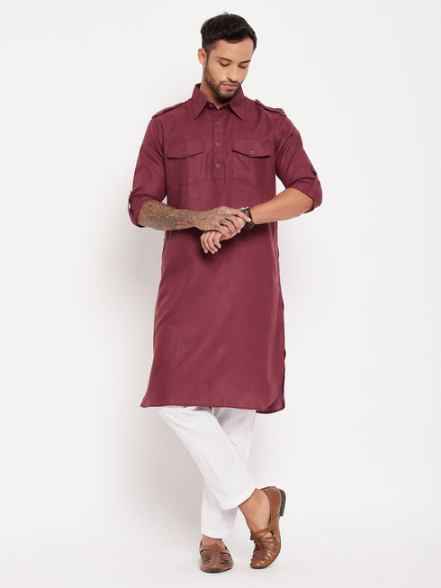Vastramay Men's Purple Pathani Suit With White Pant Set