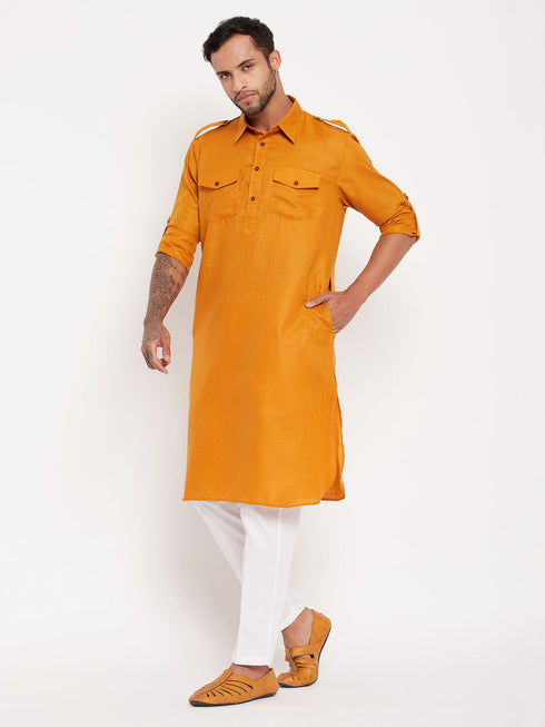 Vastramay Men's Rust Pathani Suit With White Pant Set