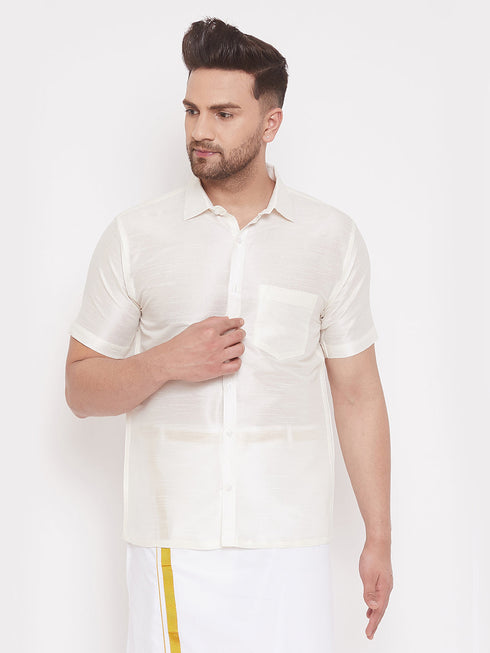 Vastramay Men's Cream Silk Blend Ethnic Shirt
