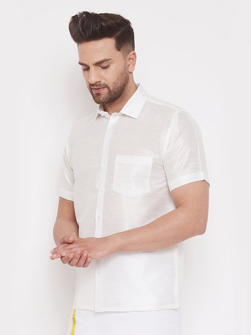 Vastramay Men's Cream Silk Blend Ethnic Shirt