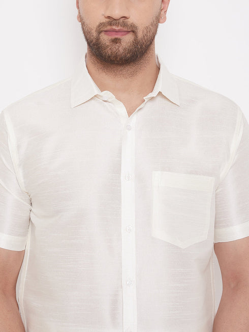 Vastramay Men's Cream Silk Blend Ethnic Shirt