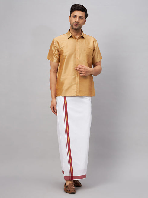 Vastramay Men's Rose Gold And White Silk Blend Shirt And Mundu Set