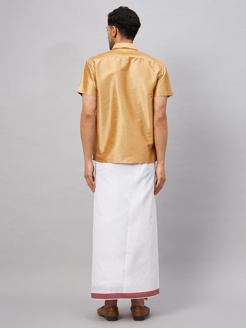 Vastramay Men's Rose Gold And White Silk Blend Shirt And Mundu Set