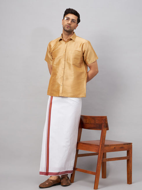 Vastramay Men's Rose Gold And White Silk Blend Shirt And Mundu Set