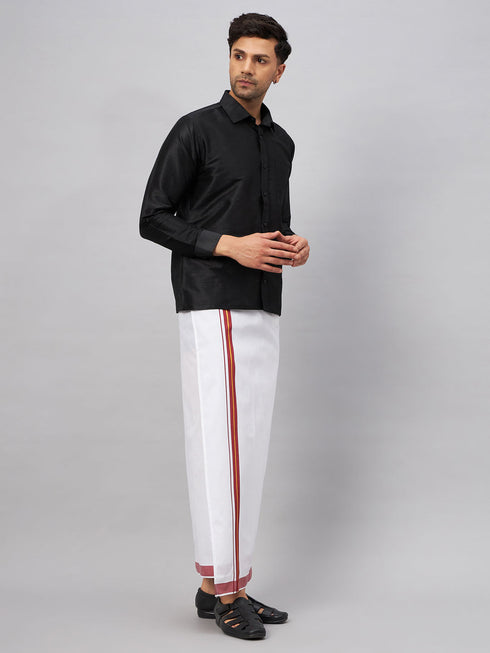 Vastramay Men's Black And White Silk Blend Shirt And Mundu Set