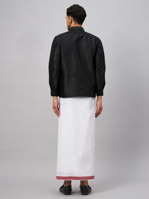 Vastramay Men's Black And White Silk Blend Shirt And Mundu Set