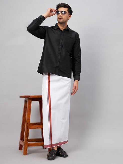 Vastramay Men's Black And White Silk Blend Shirt And Mundu Set