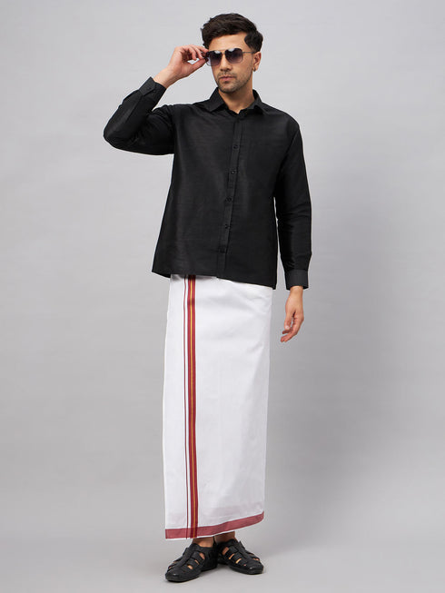 Vastramay Men's Black And White Silk Blend Shirt And Mundu Set