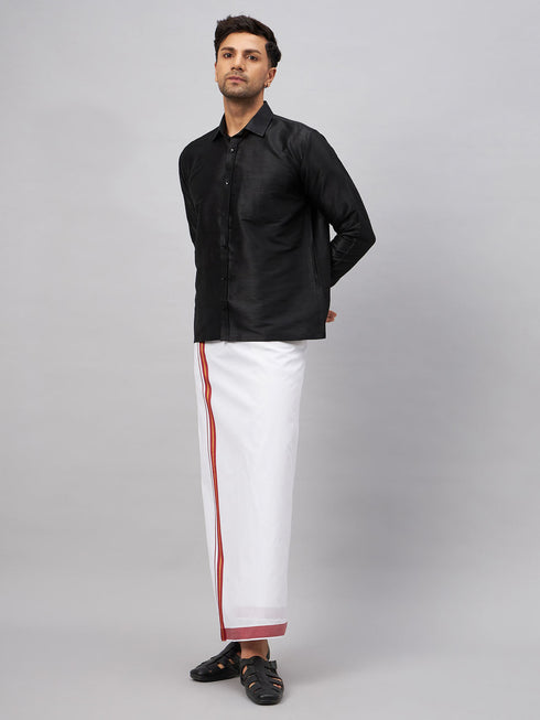 Vastramay Men's Black And White Silk Blend Shirt And Mundu Set