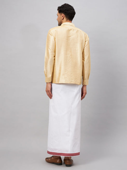 Vastramay Men's Gold And White Silk Blend Shirt And Mundu Set