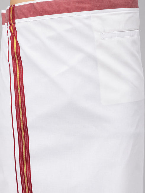 Vastramay Men's Gold And White Silk Blend Shirt And Mundu Set