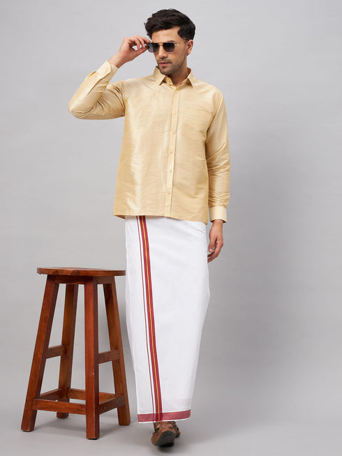 Vastramay Men's Gold And White Silk Blend Shirt And Mundu Set