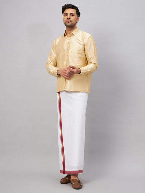 Vastramay Men's Gold And White Silk Blend Shirt And Mundu Set