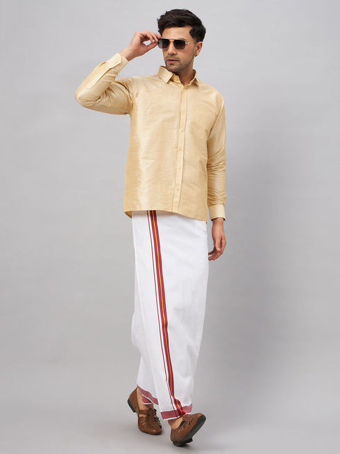 Vastramay Men's Gold And White Silk Blend Shirt And Mundu Set