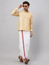 Vastramay Men's Gold And White Silk Blend Shirt And Mundu Set