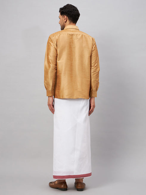 Vastramay Men's Rose Gold & White Silk Blend Shirt And Mundu Set