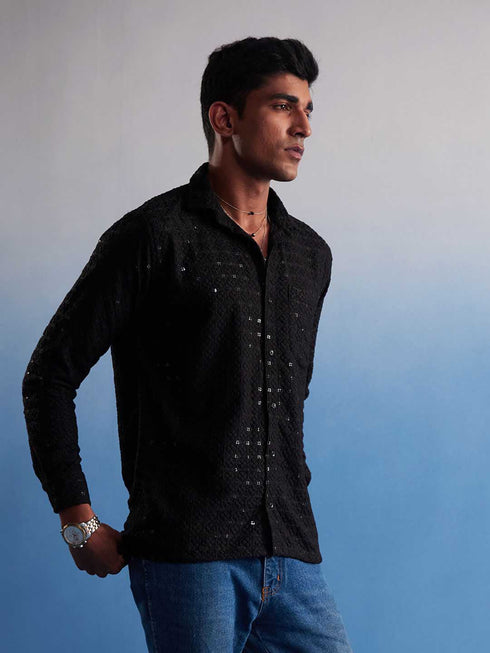 Vastramay Men's Black Rayon Embellished Shirt