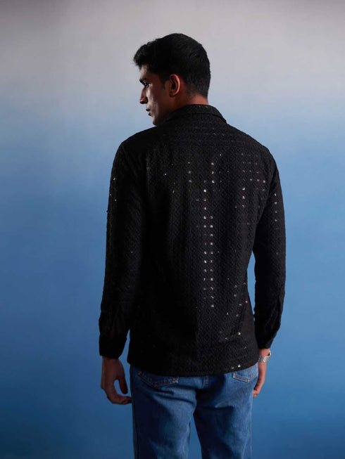 Vastramay Men's Black Rayon Embellished Shirt