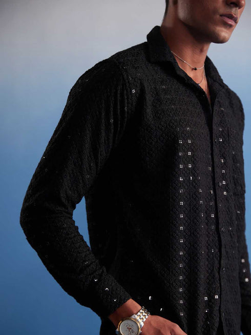 Vastramay Men's Black Rayon Embellished Shirt