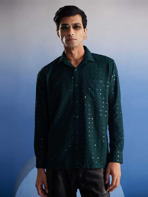 Vastramay Men's Green Rayon Embellished Shirt