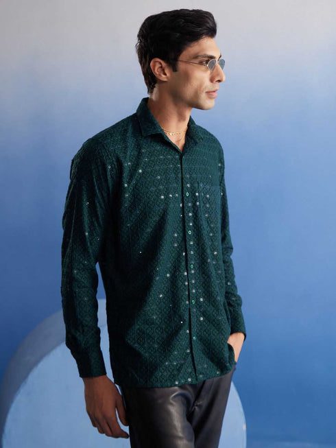 Vastramay Men's Green Rayon Embellished Shirt