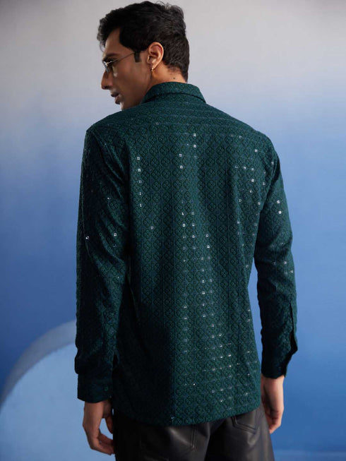 Vastramay Men's Green Rayon Embellished Shirt