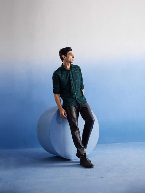 Vastramay Men's Green Rayon Embellished Shirt