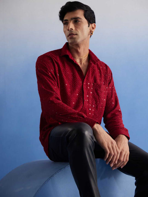 Vastramay Men's Maroon Rayon Embellished Shirt