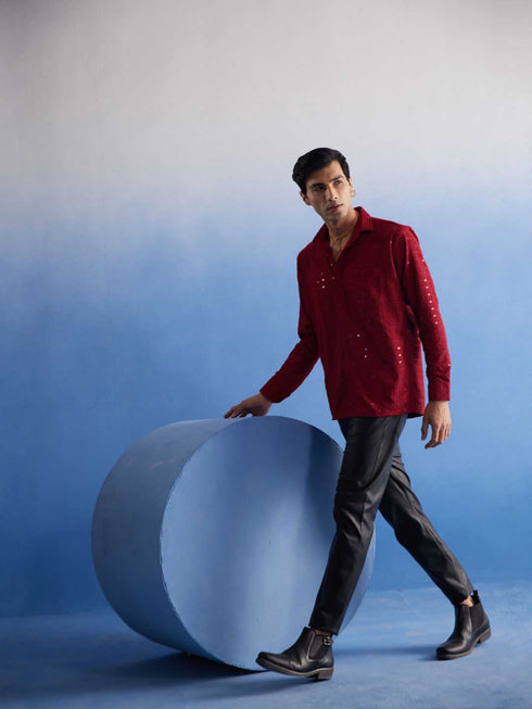 Vastramay Men's Maroon Rayon Embellished Shirt
