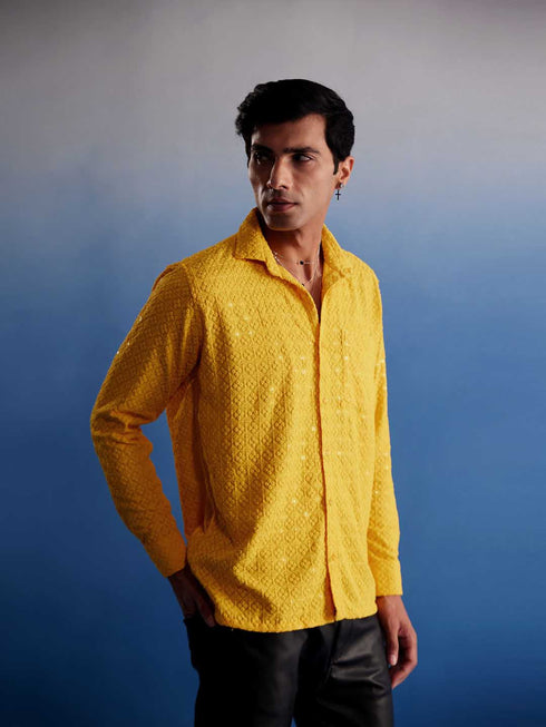 Vastramay Men's Yellow Rayon Embellished Shirt