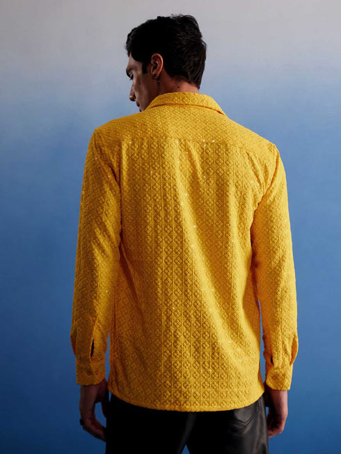 Vastramay Men's Yellow Rayon Embellished Shirt