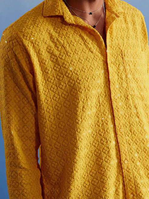 Vastramay Men's Yellow Rayon Embellished Shirt