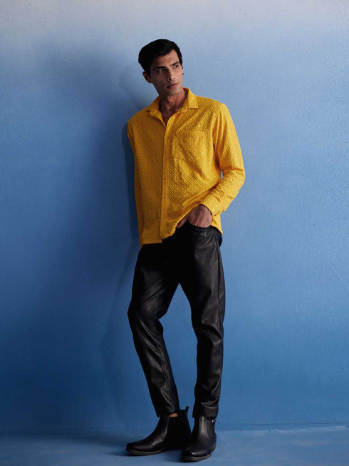 Vastramay Men's Yellow Rayon Embellished Shirt
