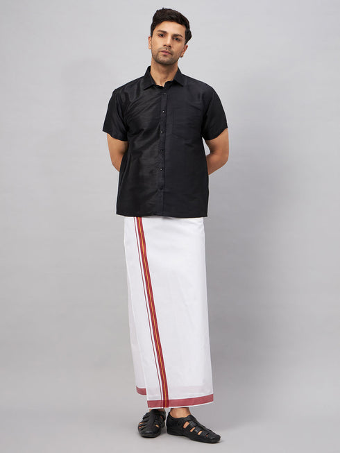 Vastramay Men's Black And White Silk Blend Shirt And Mundu Set