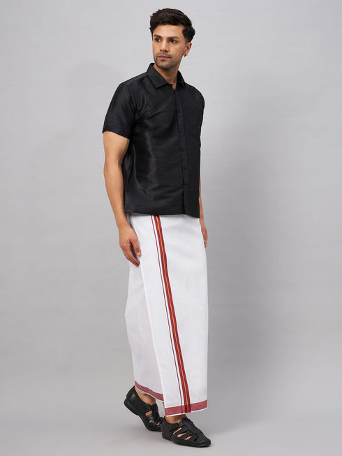 Vastramay Men's Black And White Silk Blend Shirt And Mundu Set