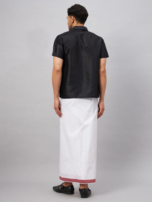 Vastramay Men's Black And White Silk Blend Shirt And Mundu Set