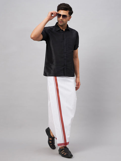 Vastramay Men's Black And White Silk Blend Shirt And Mundu Set