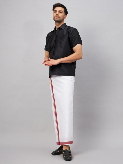 Vastramay Men's Black And White Silk Blend Shirt And Mundu Set