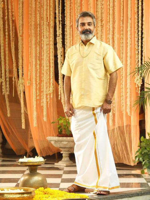 Vastramay Men's Gold And White Silk Blend Shirt And Mundu Set