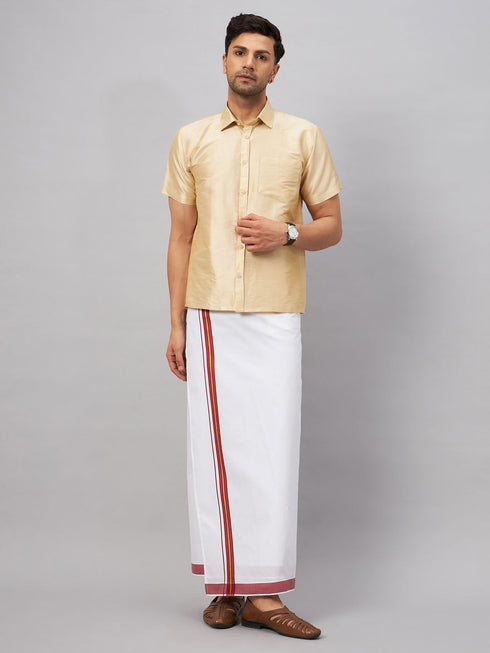 Vastramay Men's Gold And White Silk Blend Shirt And Mundu Set