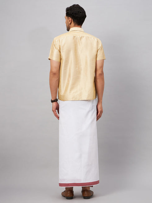 Vastramay Men's Gold And White Silk Blend Shirt And Mundu Set