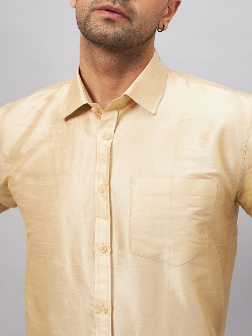 Vastramay Men's Gold And White Silk Blend Shirt And Mundu Set