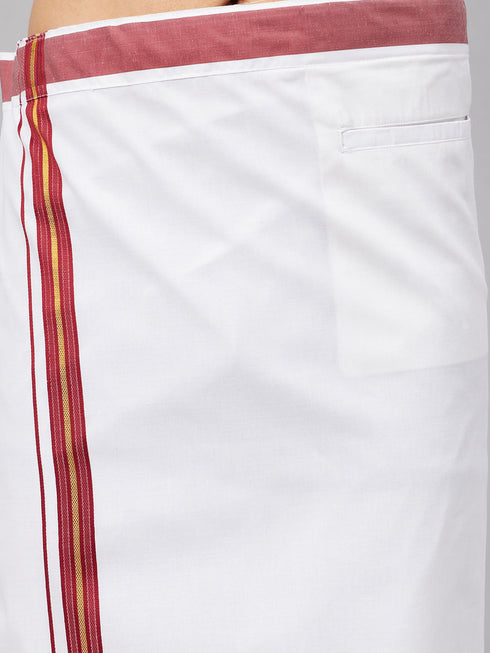 Vastramay Men's Gold And White Silk Blend Shirt And Mundu Set