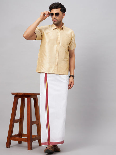 Vastramay Men's Gold And White Silk Blend Shirt And Mundu Set