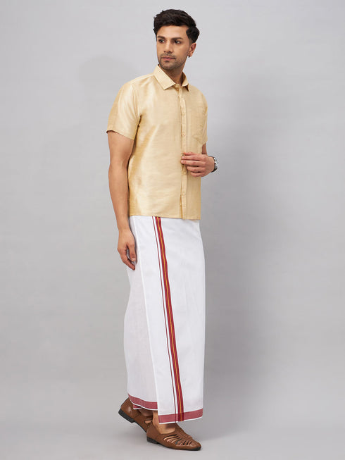 Vastramay Men's Gold And White Silk Blend Shirt And Mundu Set